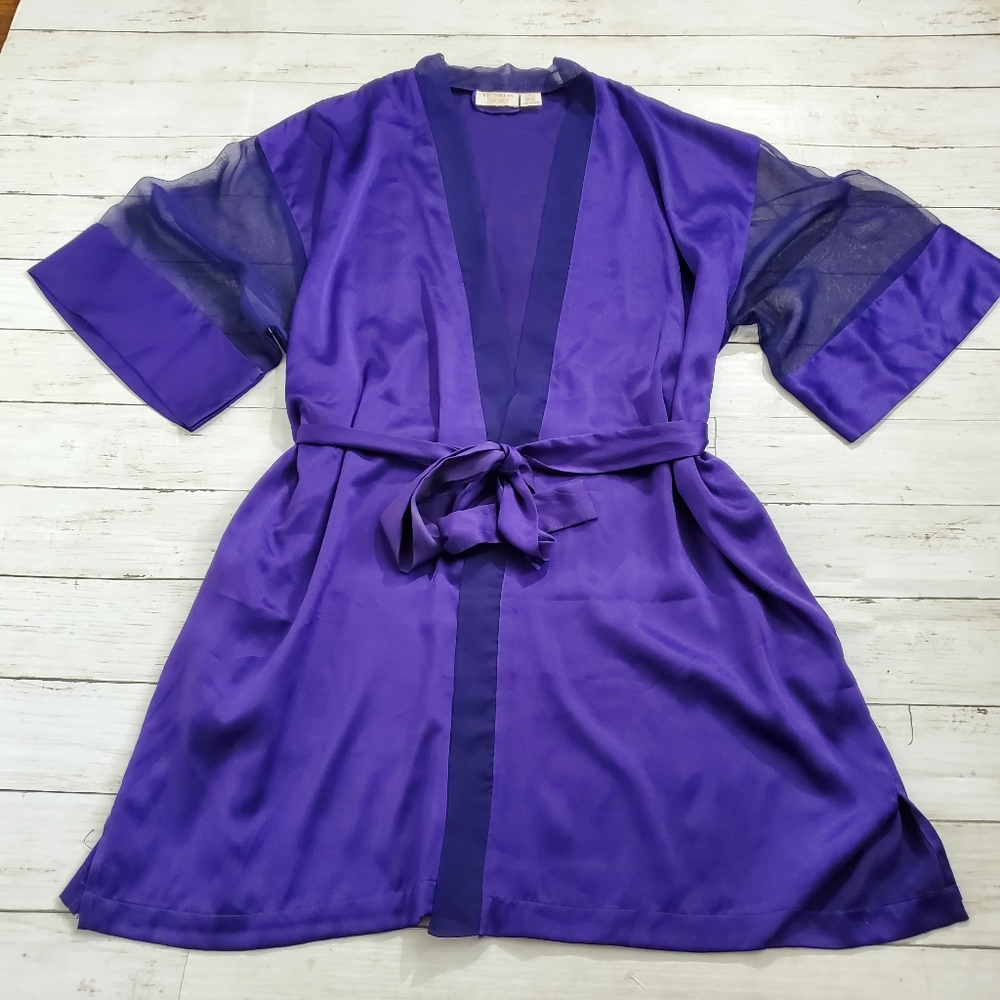 Vintage gold label victoria's secret satin robe royal purple w/ sash mesh arms